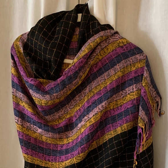 Priya Woven Fringe Shawl | Boho Striped Scarf Wrap | Black Mustard Plum Artisan - Picture 1 of 5